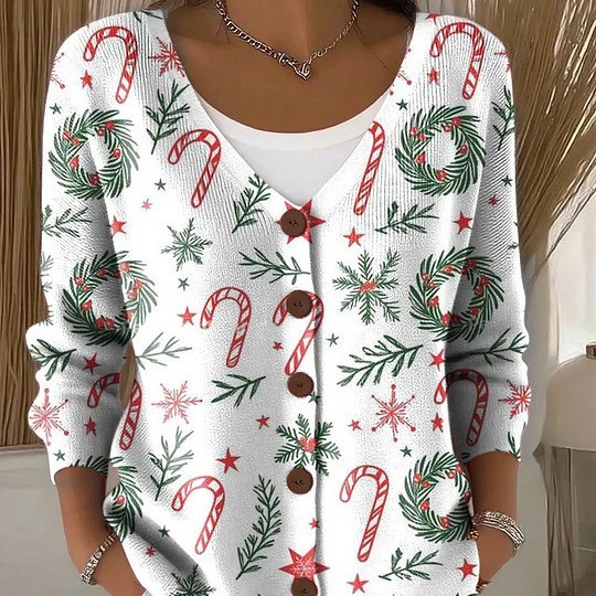 Women Christmas Cardigan Fashion Long Sleeve Button-Up Sweater Casual Streetwear